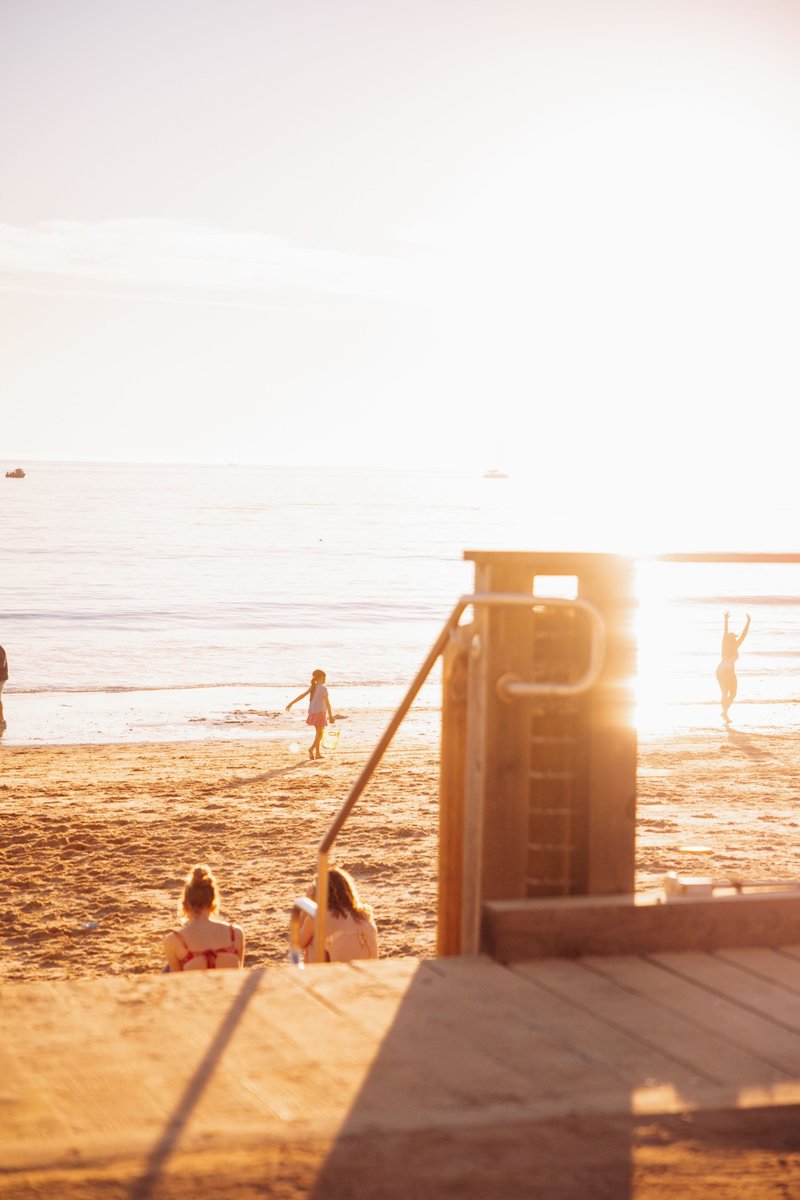Family on the beach at golden hour